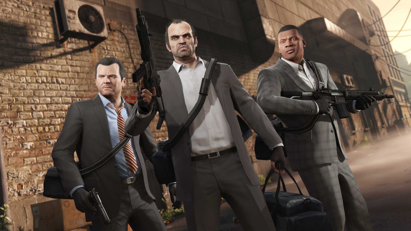 "Grand Theft Auto V" probó nuevas técnicas narrativas al tener tres protagonistas controlados por el jugador. En la imagen (de izquierda a derecha) Michael de Santa, Trevor Philips y Franklin Clinton.