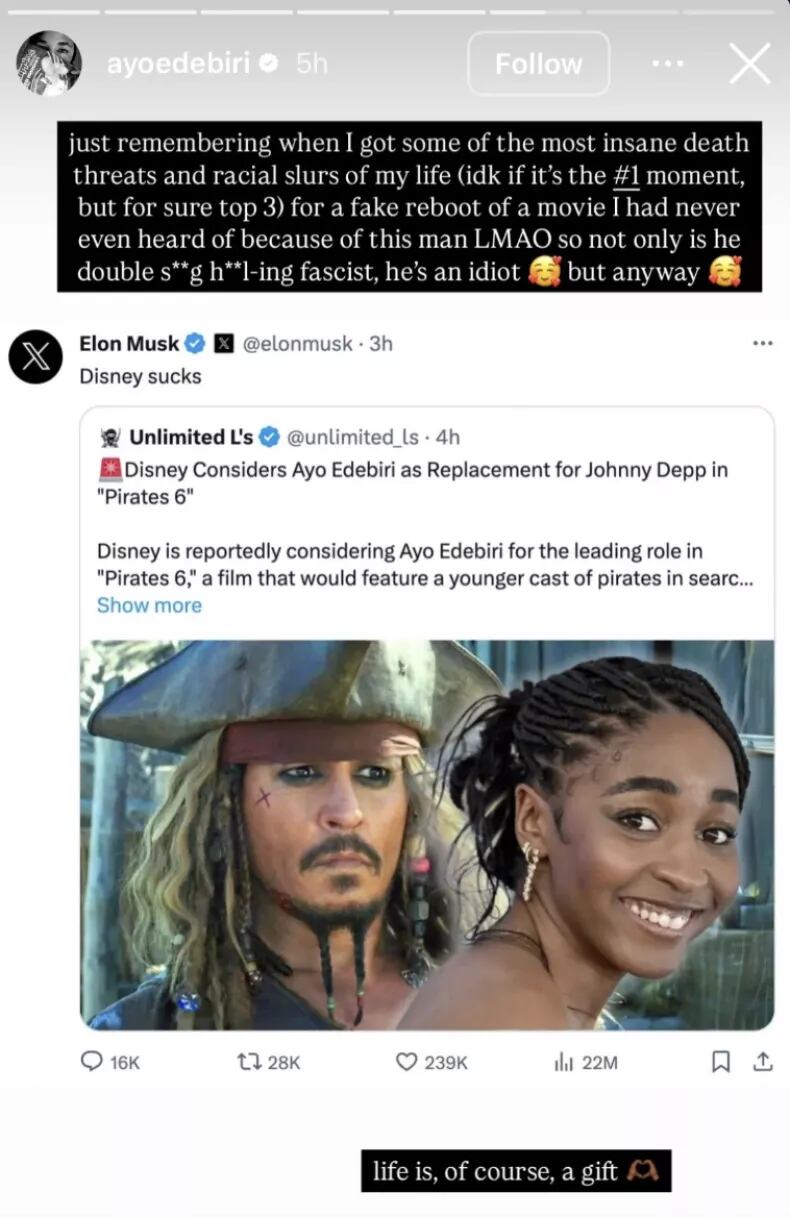 El mensaje con el que Ayo Edebiri confirmó que recibió amenazas de muerte por una noticia falsa compartida por Elon Musk (Foto: @ayoedebiri / Instagram)