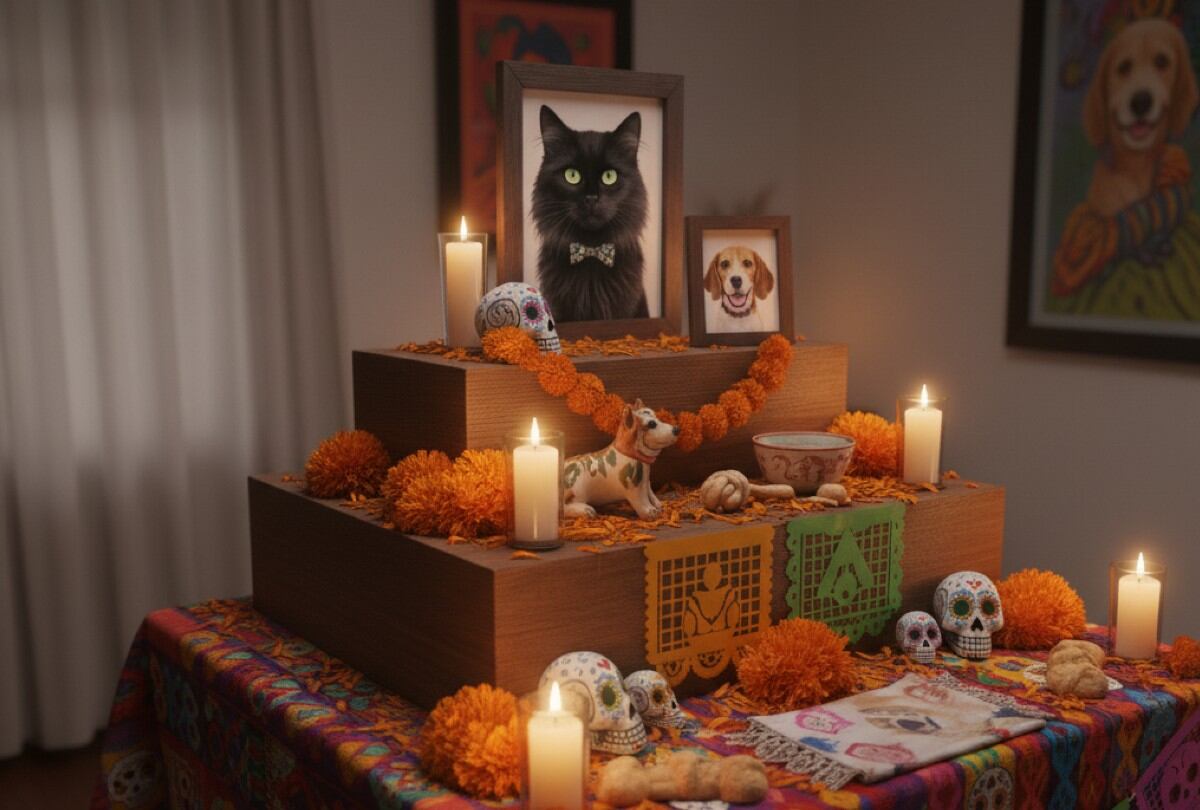 Se cree que en el Día de Muertos de las mascotas, las almas regresan del Mictlán para reencontrarse con sus seres humanos. | Crédito: Imagen genera por IA / Gemini