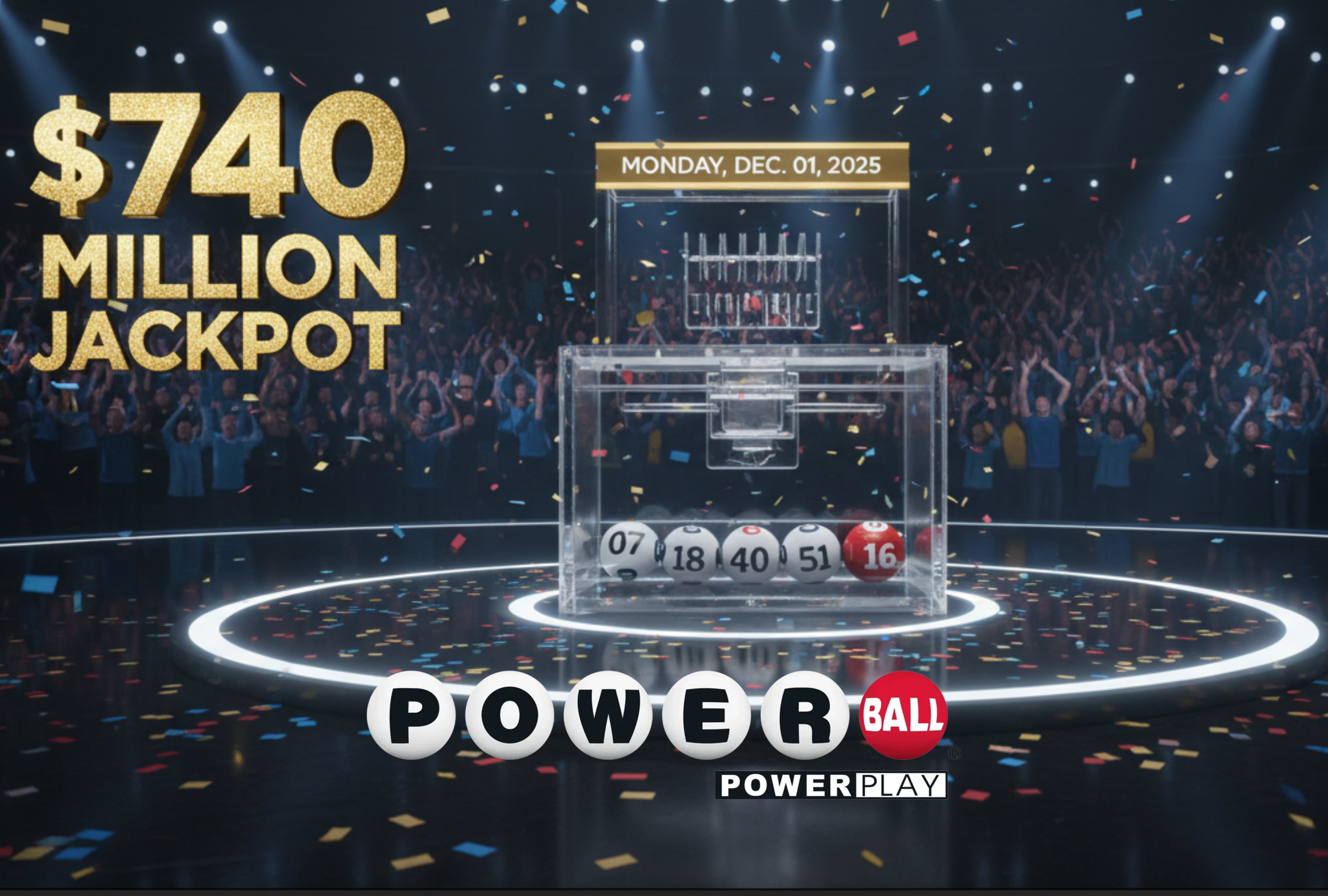 Revisa los números ganadores del Powerball y el resultado del sorteo del 01/12/2025. El jackpot ofreció un premio excepcional de 740 millones de dólares. | Crédito: Imagen creada por El Comercio MAG usando la IA de Gemini / Composición GEC