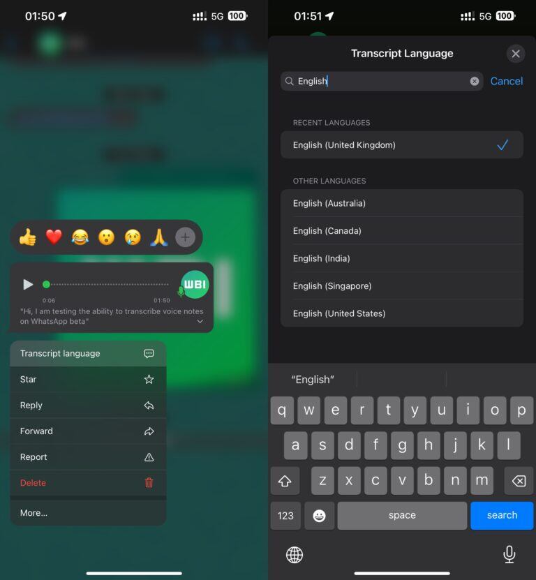 Vista previa de la función "Transcripción de audio" en WhatsApp. (Foto: WabetaInfo)