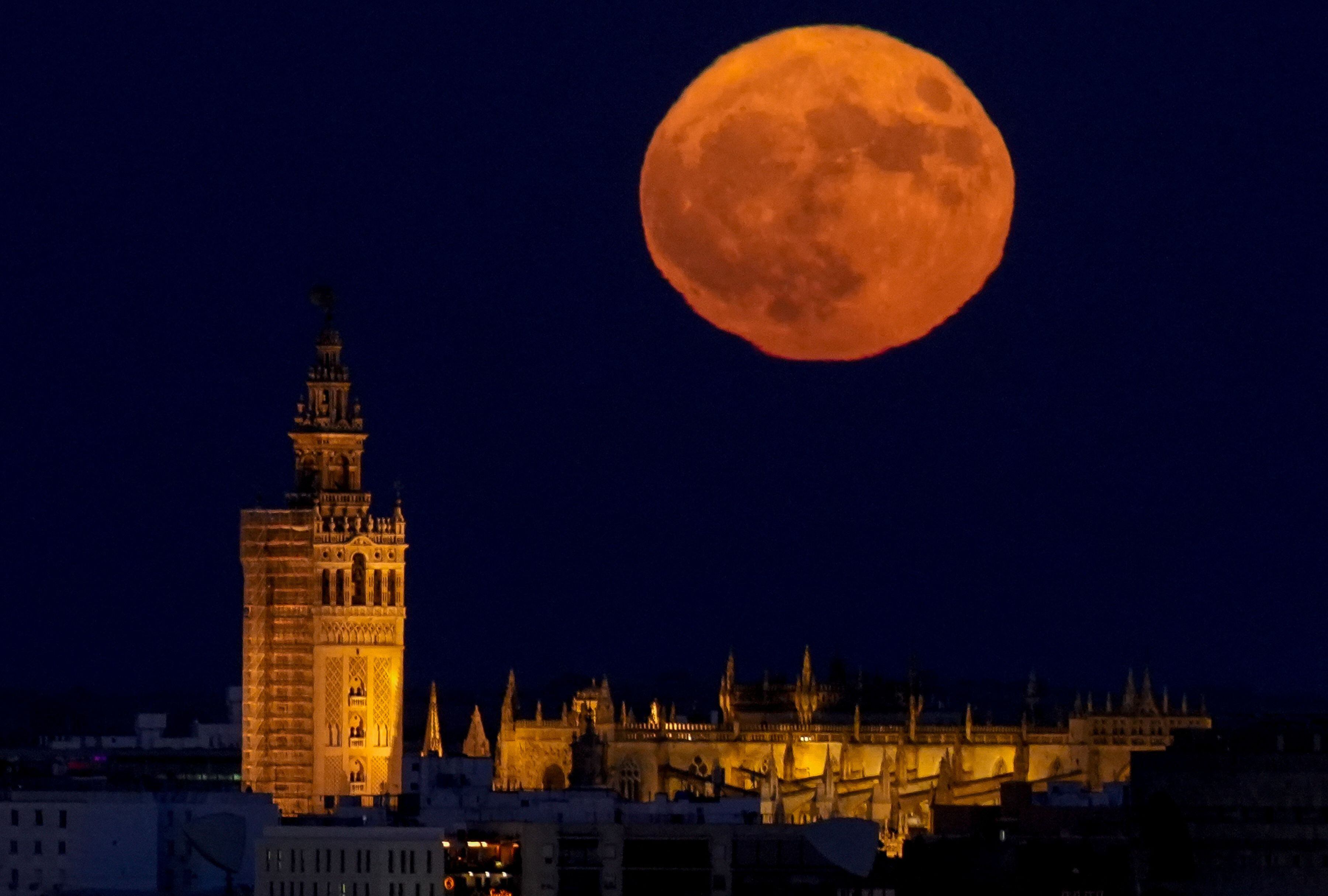 La superluna de Esturión con su tono rojizo se eleva sobre Sevilla. (Foto: Eduardo Briones/Europa Press via Getty Images)