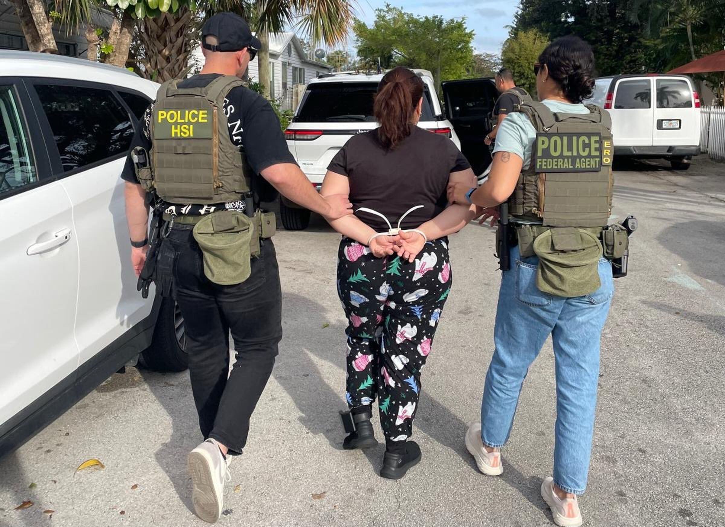 Las autoridades federales y locales durante detención de mujer en Miami, conforme al plan del presidente Donald Trump (Foto: HSI Miami/X)
