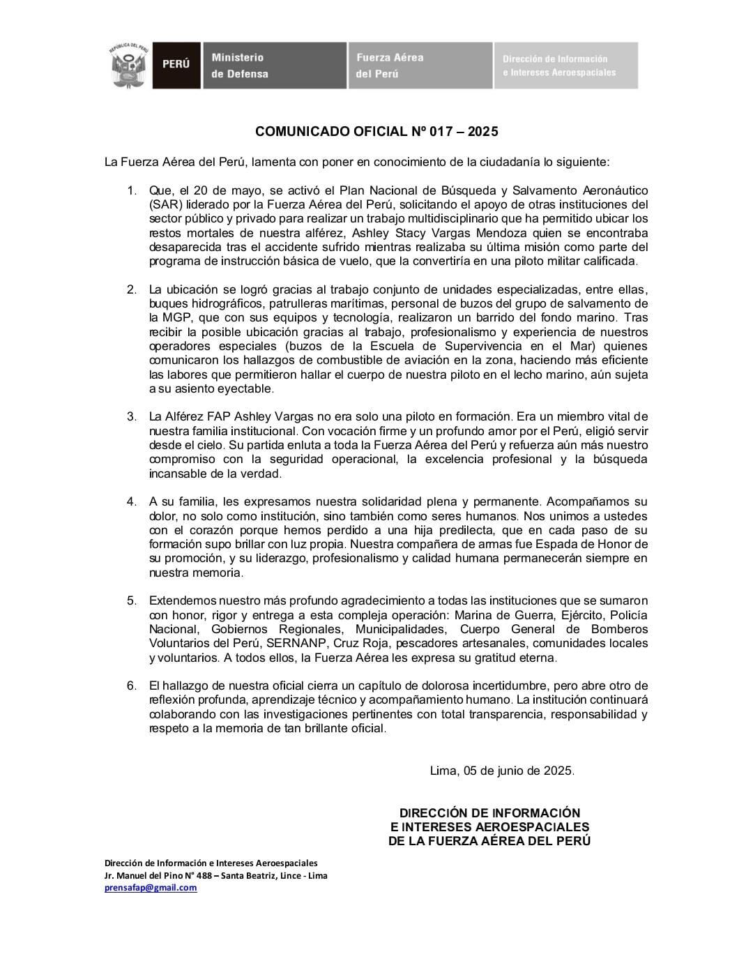 Comunicado de la FAP tras hallazgo de la alférez Ashley Vargas.