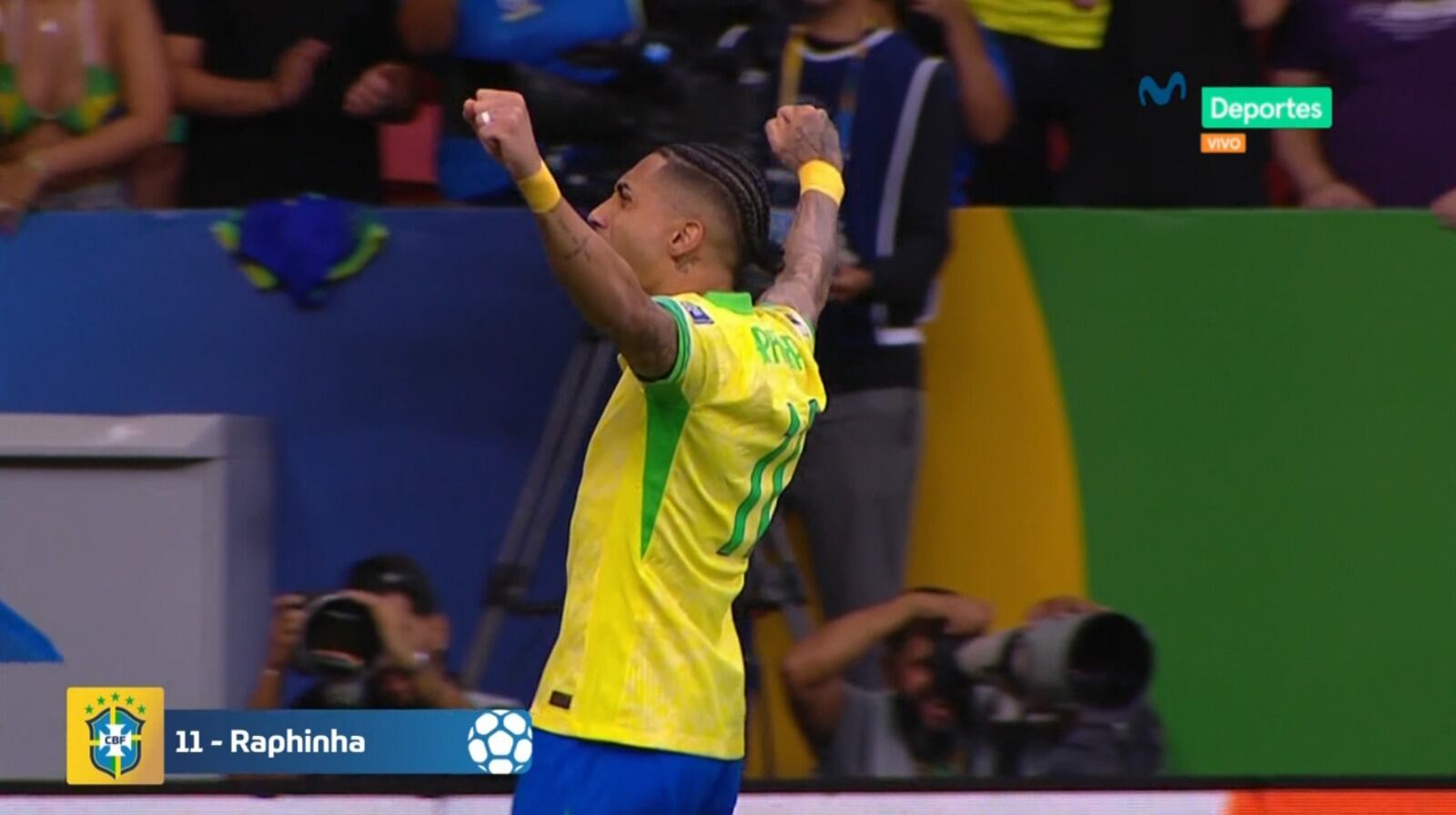 Raphinha marcó el 1-0 de Brasil vs Colombia por la fecha 13 de las Eliminatorias Sudamericanas 2026. (Foto: Movistar Deportes)