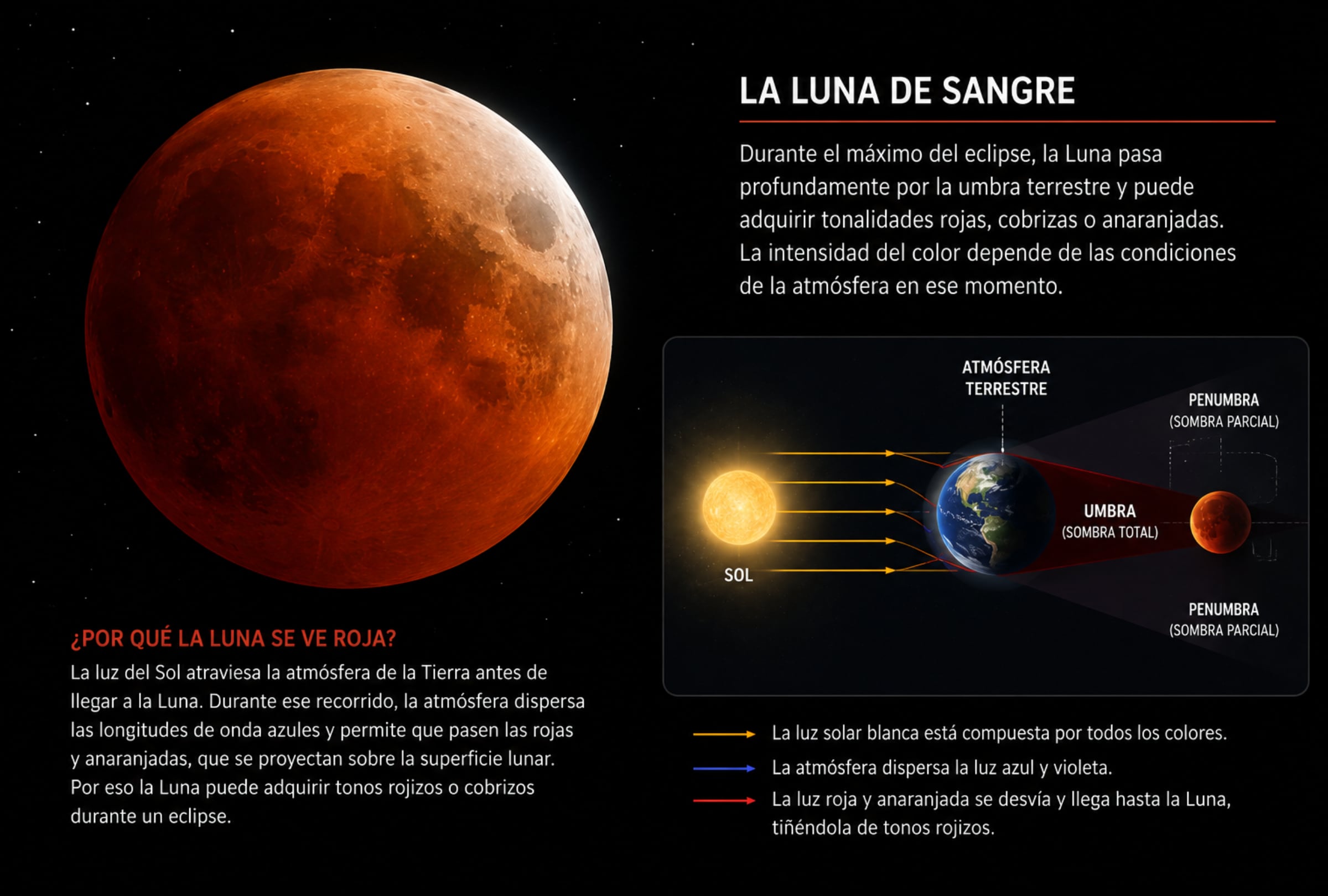 La Luna puede adquirir tonos rojizos o cobrizos durante un eclipse porque parte de la luz solar que atraviesa la atmósfera terrestre se filtra y se desvía hacia la superficie lunar. En el eclipse del 27 al 28 de agosto de 2026, gran parte del disco penetrará en la umbra, la región más oscura de la sombra de la Tierra. FOTO DE NOÉ YACTAYO