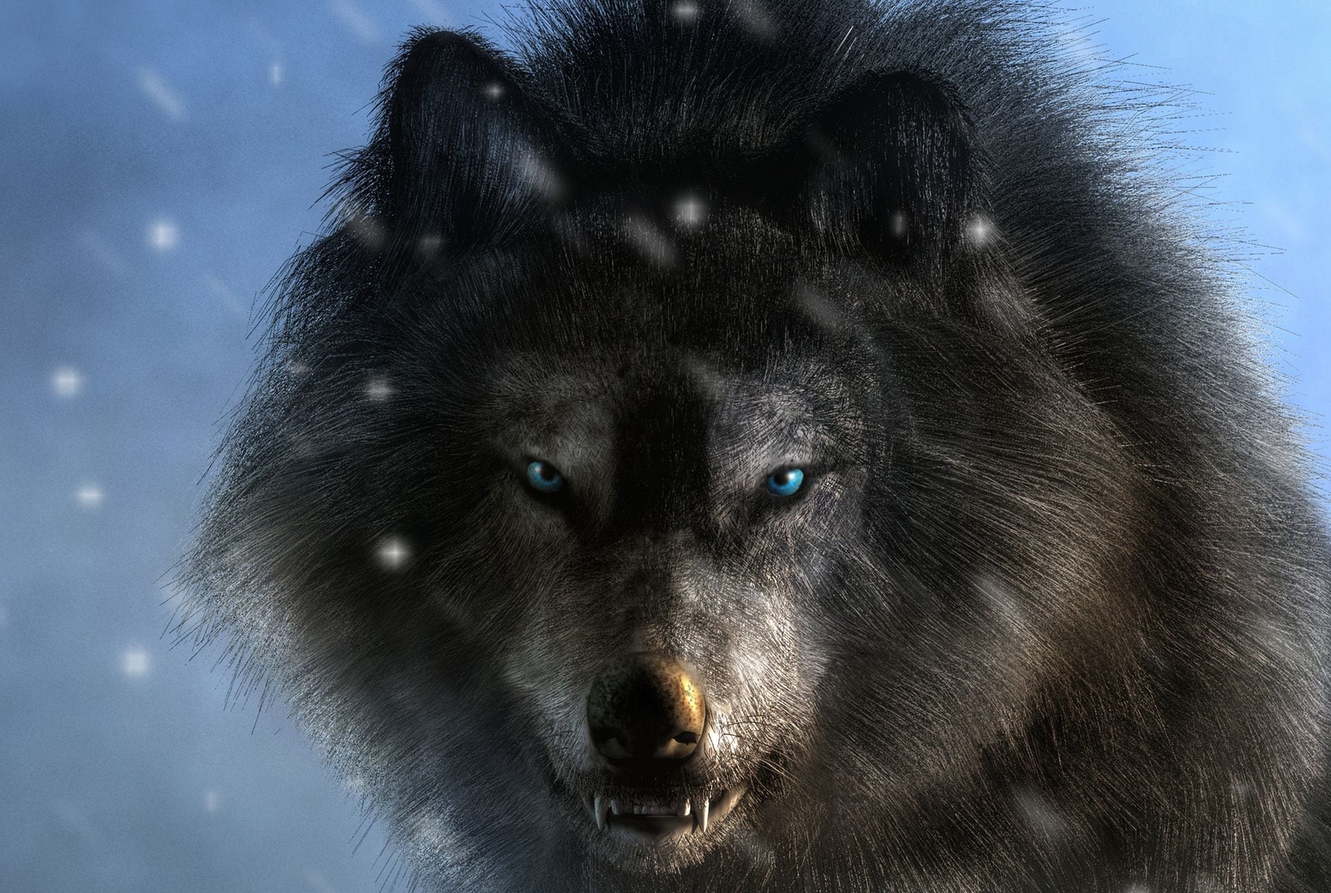 Recreación de un lobo huargo, el deprededor de la Edad de Hielo, mostrando los colmillos y fijando la mirada con sus ojos azules.