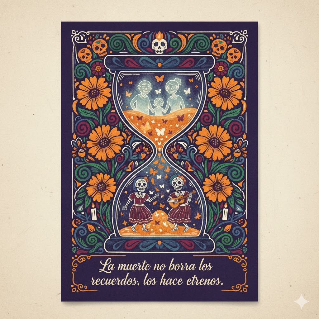 Celebra el Día de Muertos 2025 compartiendo coloridas tarjetas con frases tradicionales y diseños mexicanos para enviar por WhatsApp, Instagram y Facebook este 1 y 2 de noviembre. (Foto: Google Gemini AI)