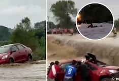 Rescatan a chofer y a dos pobladores tras crecida de río en Lambayeque