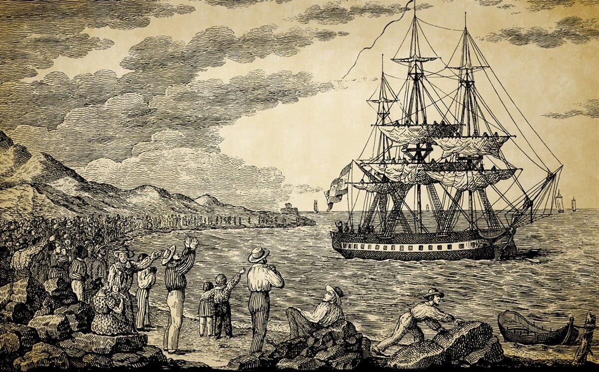 Un retrato de la partida de la María Pita del puerto de La Coruña, el 30 de noviembre de 1803. (Pintura de Francisco Pérez vía National Geographic)