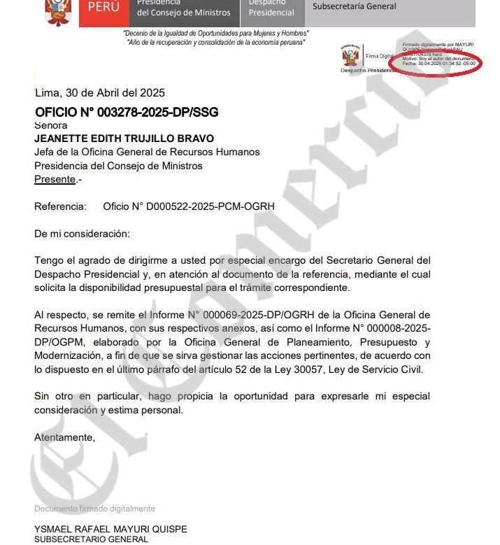 A la 1:34 a.m., la disponibilidad del presupuesto es notificada por Palacio a la PCM