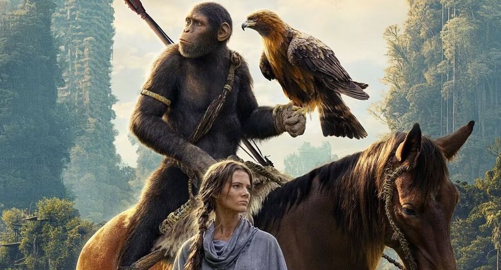 Owen Teague, como el joven simio Noa, y Freya Allen como la humana Mae, protagonizan "El planeta de los simios: nuevo reino". (20th Century Studios)
