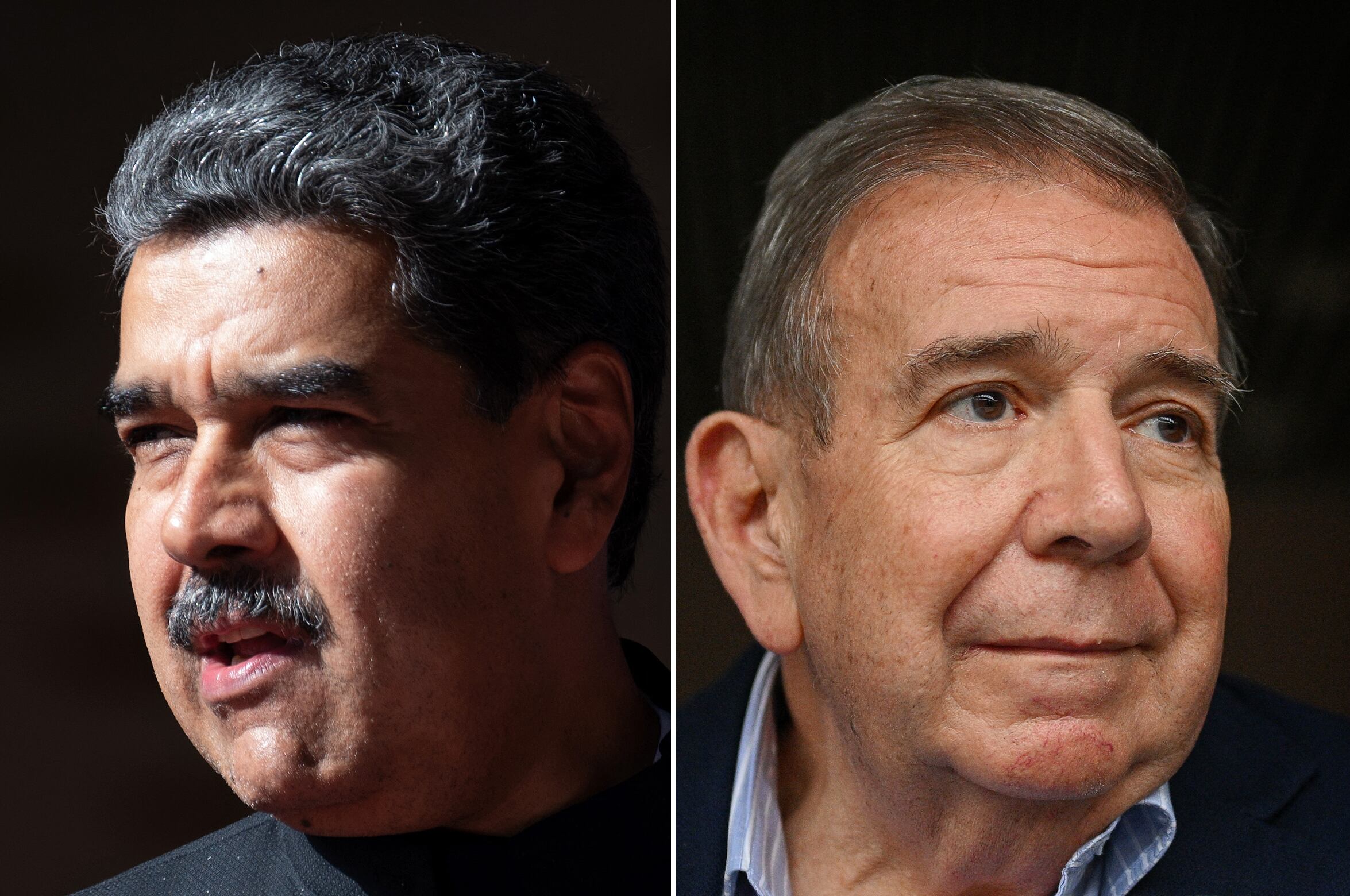 El presidente de Venezuela y candidato a la reelección Nicolás Maduro (izq) y su rival opositor Edmundo González Urrutia. (Foto de Federico PARRA / AFP).