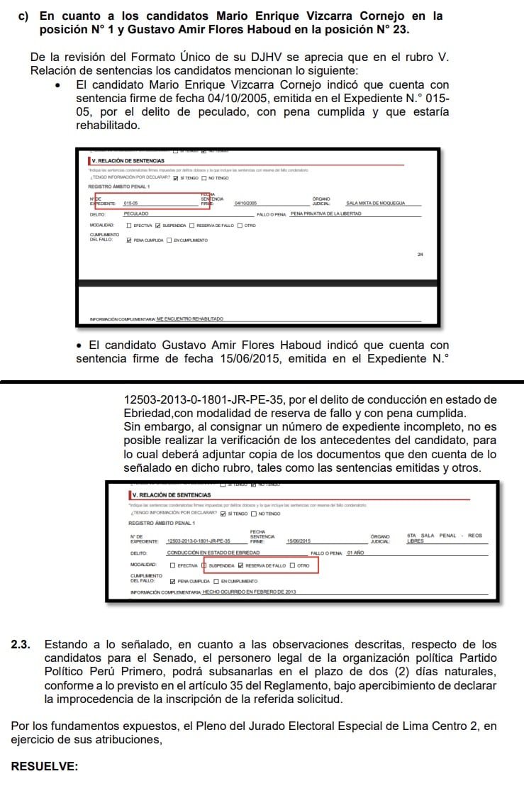 Observación hecha a la candidatura de Mario Vizcarra en la resolución del JEE sobre la lista de candidatos al Senado de Perú Primero.