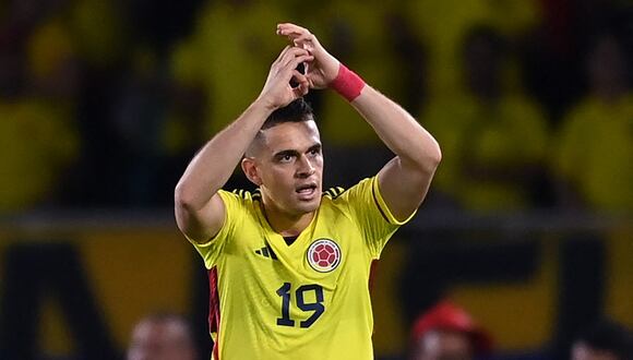 Colombia's forward Rafael Santos Borre celebrates after scoring a goal during the 2026 FIFA World Cup South American qualifiers football match between Colombia and Venezuela at the Roberto Melendez Metropolitan stadium in Barranquilla, Colombia, on September 7, 2023. (Photo by JUAN BARRETO / AFP)