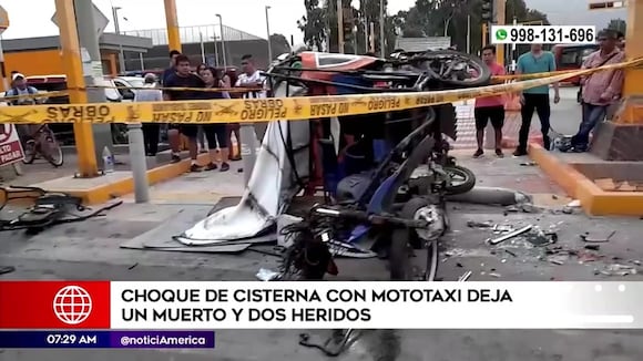 Choque de cisterna con mototaxi deja un muerto y dos heridos