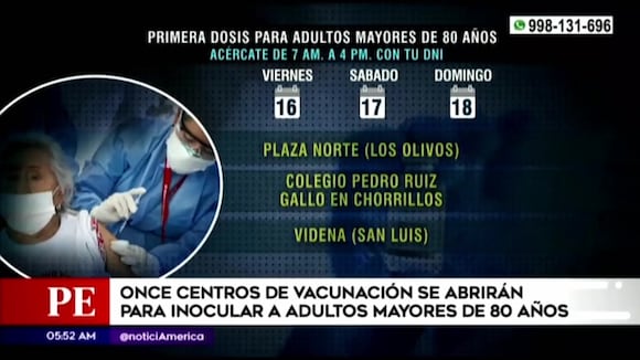 Habilitarán once centros de vacunación para adultos mayores de 80 años este fin de semana