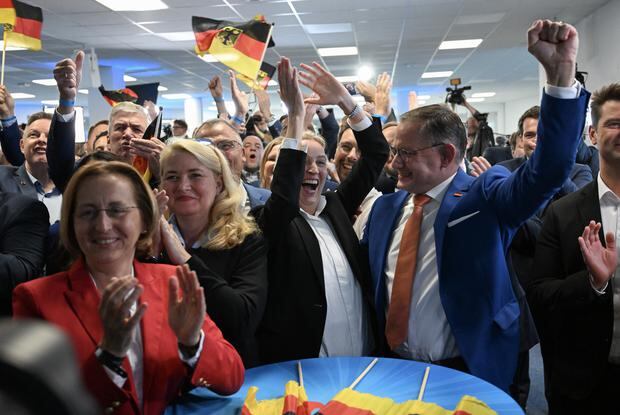 Integrantes del partido de extrema derecha Alternativa para Alemania (AfD) celebran los resultados en las elecciones al Parlamento Europeo. (Foto de RALF HIRSCHBERGER / AFP).