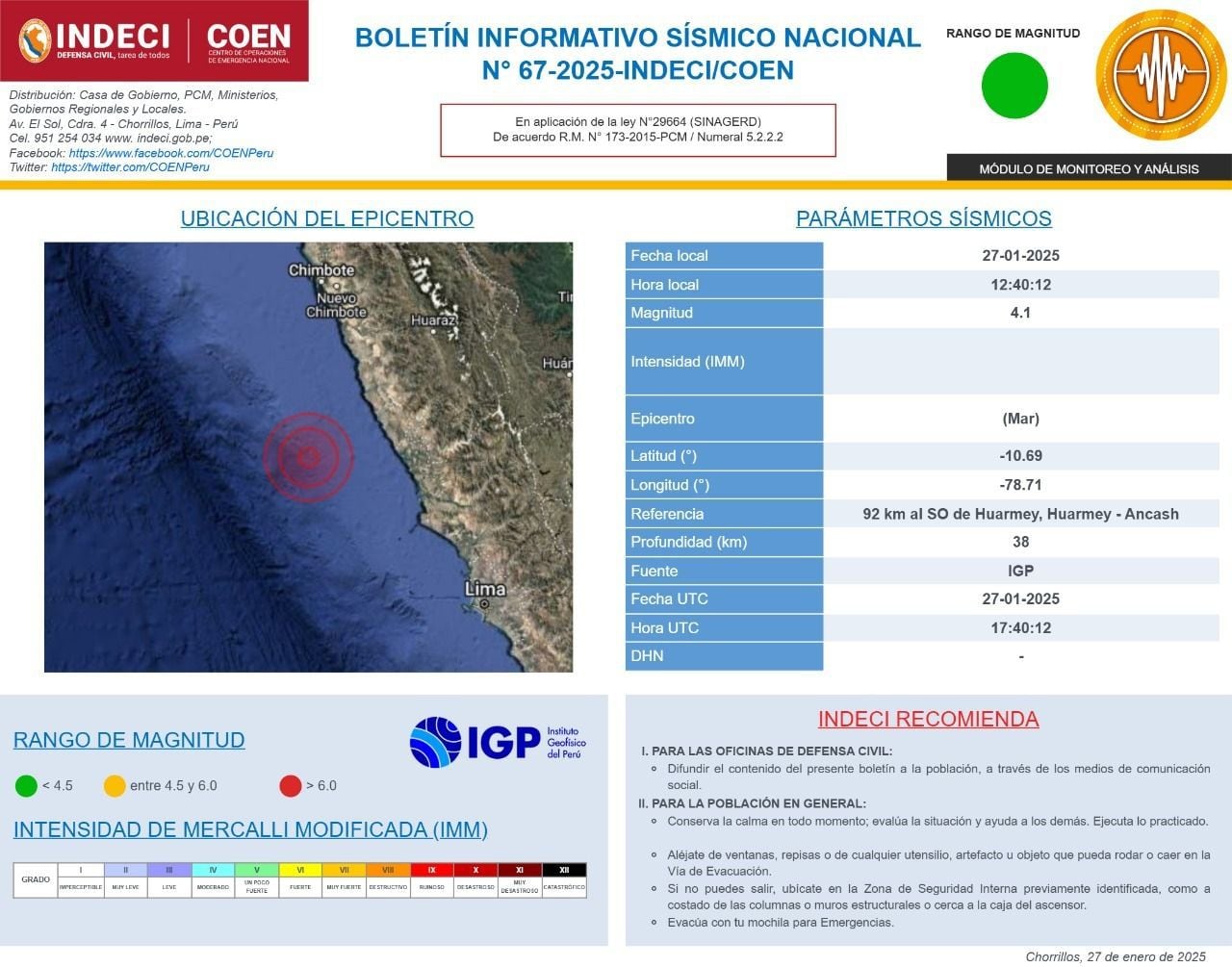Información de INDECI sobre el sismo a 92 km al SO de Huarmey, Huarmey - Áncash.