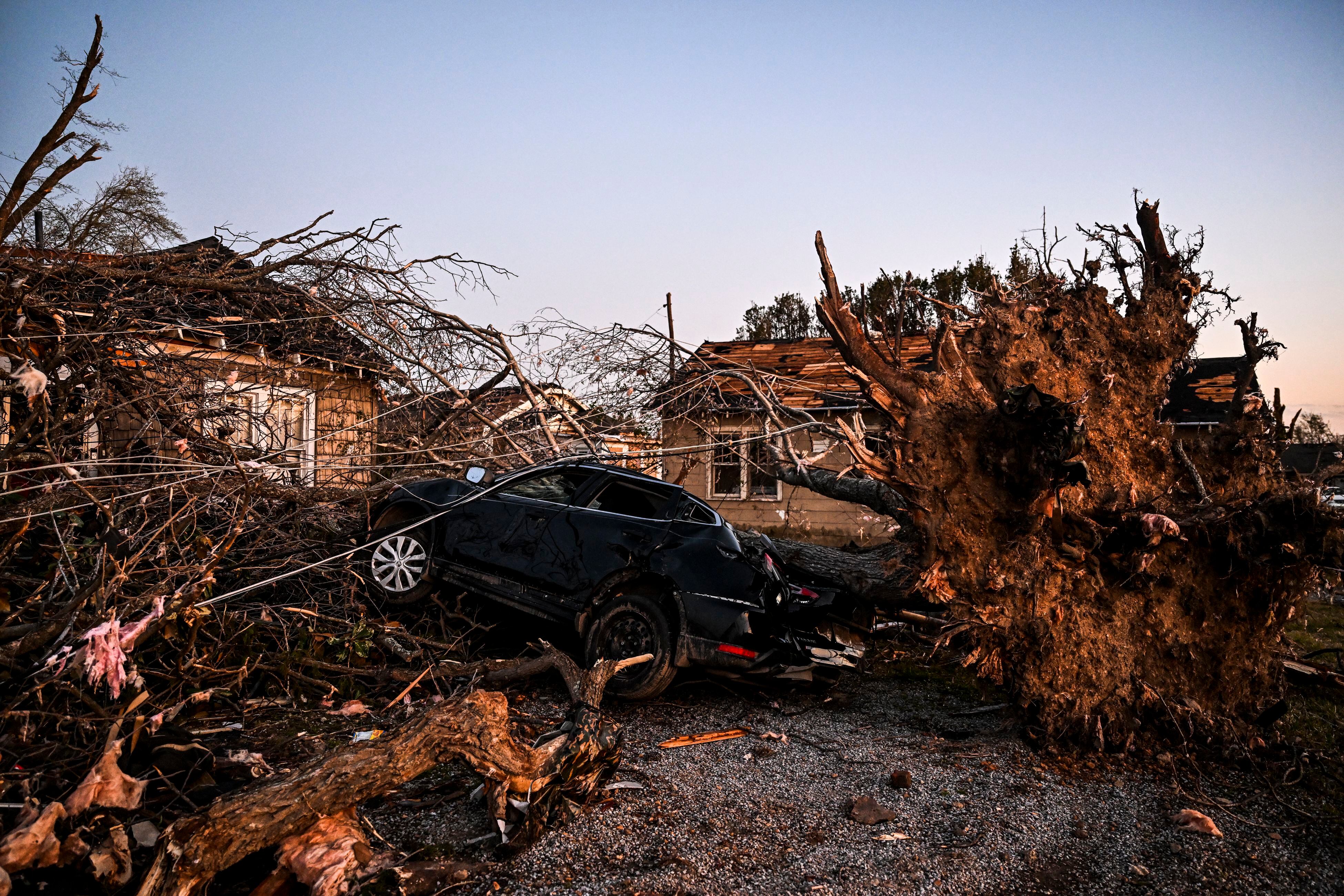 The remains of a house and cars are entangled in tree branches in Rolling Fork, Mississippi.