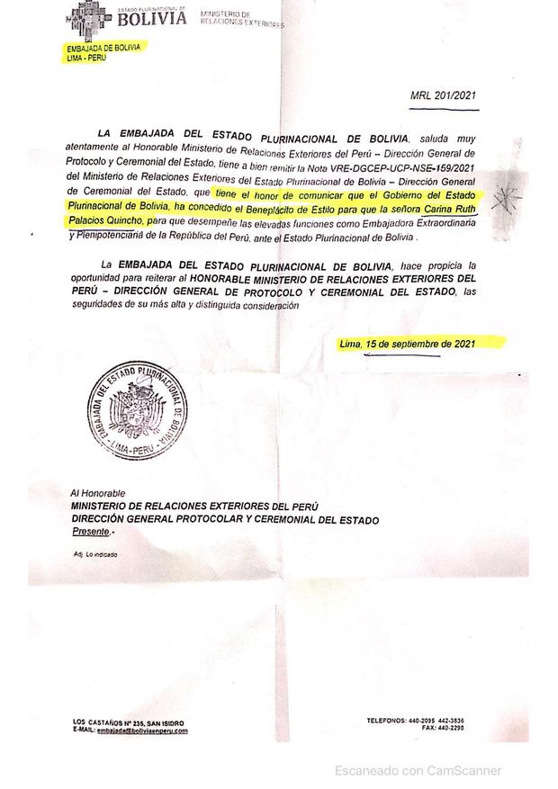 La embajada de Bolivia informó la aceptación de Carina Palacios como emabajdora.