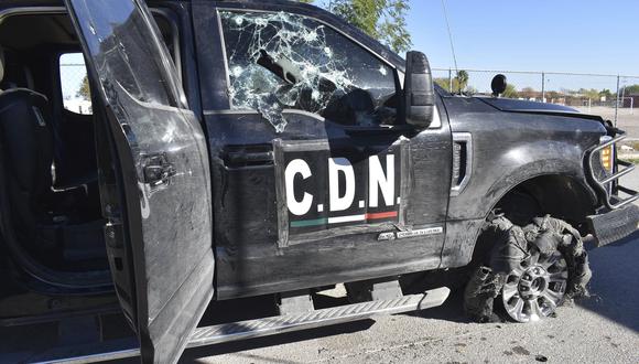 Una camioneta del Cártel del Noreste que fue inutilizada durante el enfrentamiento en Coahuila. (AP Photo/Gerardo Sanchez).