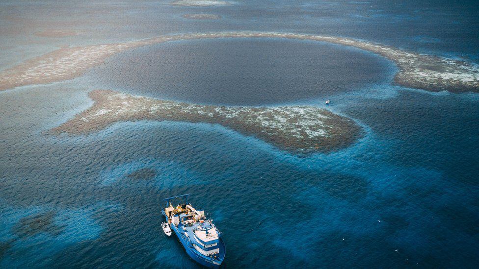 The Great Blue Hole in Belize, the largest sinkhole in the world.  (AQUATIC)
