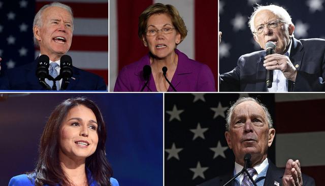 De izquierda a derecha: Joe Biden, Elizabeth Warren, Bernie Sanders, Tulsi Gabbard y Michael Bloomberg. (EFE - Reuters - AFP).