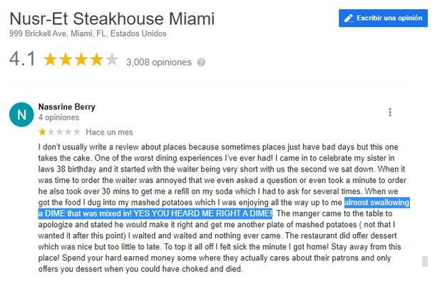 La queja viral de la clienta del Nusr-Et Steakhouse Miami, el restaurante del chef turco Salt Bae. (Foto: Google)