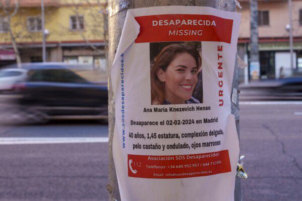 An advertisement for Ana María Knezevich Henao, 40, is displayed on a lamppost in Madrid, Spain, on Friday, February 16, 2024. (AP Photo/Manu Fernández).