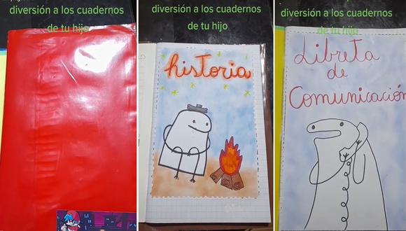 Mamá se vuelve viral por su peculiar forma de ponerle "color" a los cuadernos escolares de su hijo. | @Tamy.agustina / TikTok