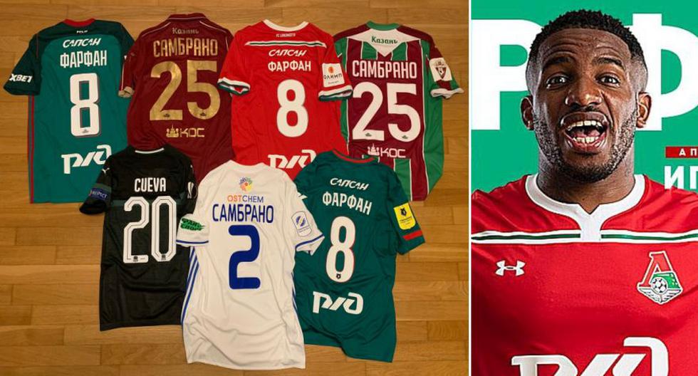 El peruano Fernando Figueroa se ha encargado de ubicar estas 7 camisetas de peruanos en el futbol ruso en los últimos 5 años: Zambrano, Cueva y Farfán. FOTO: GEC.