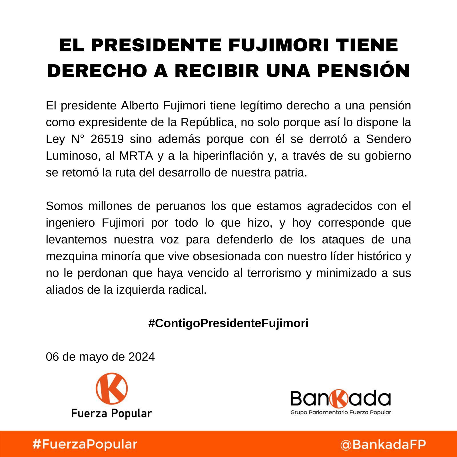 El partido y la bancada de Fuerza Popular respaldaron pedido de Alberto Fujimori para que se le otorgue una pensión en su condición de expresidente.