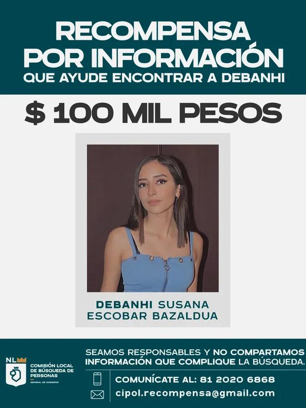 Las autoridades de Nuevo León ofrecieron una recompensa equivalente a US$5.000 por información acerca de la ubicación de Debanhi Susana Escobar Bazaldúa (Crédito: Comisión Local de Búsqueda de Personas).