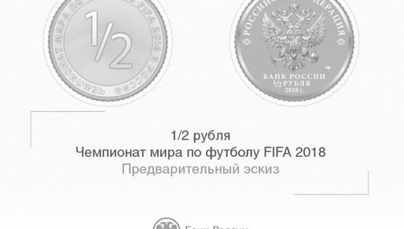 Una ilustración, publicada por el Banco Central de Rusia el 6 de julio de 2018, que muestra un boceto de una moneda conmemorativa de medio rublo, que puede emitirse si el equipo nacional de fútbol gana a Croacia en los cuartos de final de la Copa Mundial de fútbol, Rusia. (Foto: Reuters)