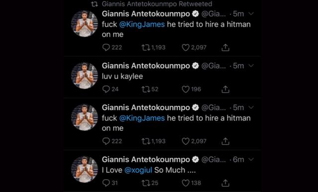 La cuenta de Twitter de Giannis Antetokounmpo fue hackeada | Fotos: Captura