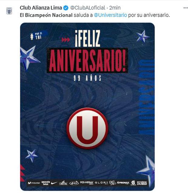 El saludo de Alianza a Universitario por su aniversario número 99 | Twitter