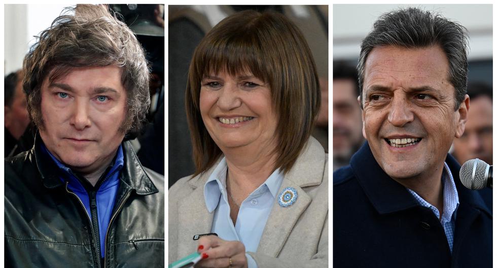 Javier Milei (izq.), Patricia Bullrich y Sergio Massa, favoritos para ganar las elecciones del domingo 22 de octubre del 2023 en Argentina. (Foto de AFP).