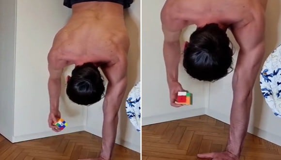 Joven italiano se vuelve viral en redes por demostrar sus habilidades al resolver un cubo de Rubik mientras hacía el pino con una sola mano | FOTO captura: Videlo / YouTube