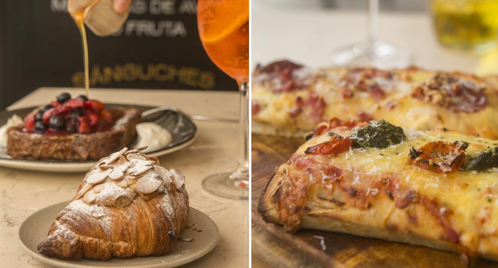 Izquierda: croissant almendrado (hay diferentes clases en carta o para llevar), con tostadas francesas bañadas en miel de cítricos. Derecha: pizzetas artesanales. Fotos: Heroina Estudio.