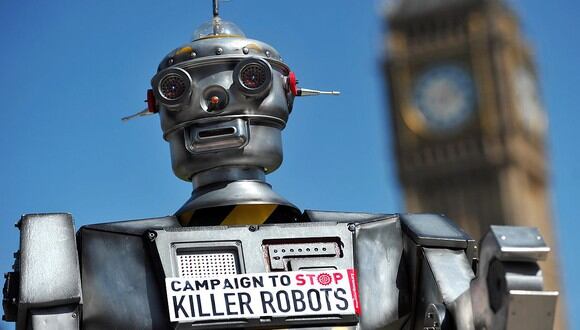 Imagen archivo de campaña contra los robots asesinos en Londres. (Foto: AFP)