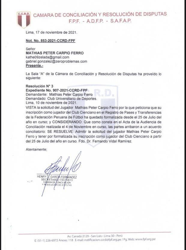El fallo de la Cámara de Conciliación y Resolución de Disputas del 17 de noviembre.
