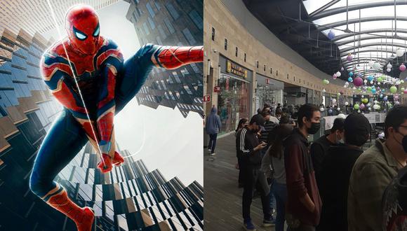 A la izquierda, detalle del póster de "Spiderman: No Way Home" para IMAX. A la derecha, una de las colas que se han formado en México para obtener entradas en boleterías. Fotos: Sony Pictures/ @Imjud3 en Twitter.