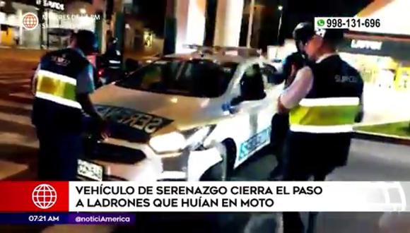 Vehículo de serenazgo cierra el paso a ladrones en Surco. (Foto: América Noticias)