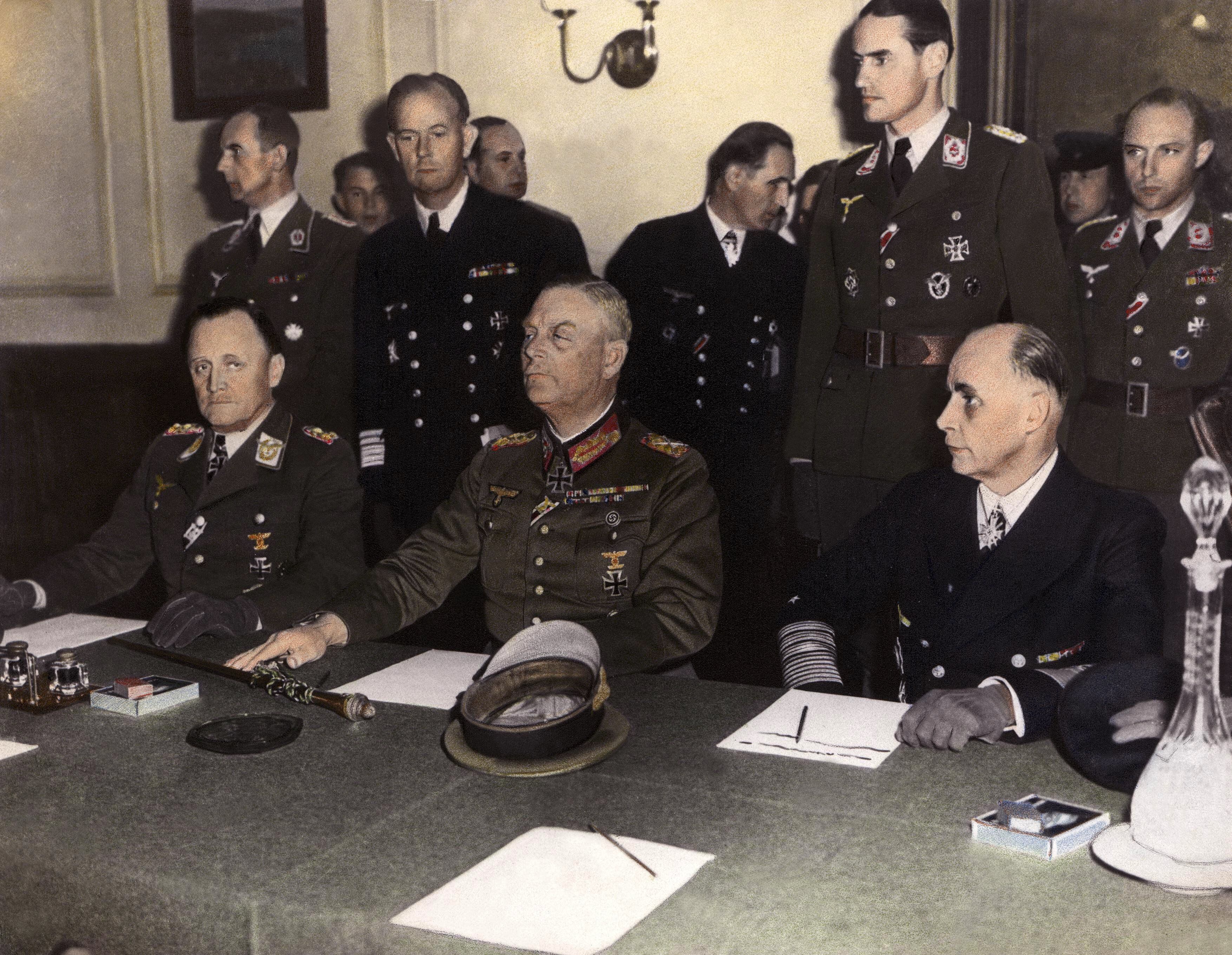 Signing of the German surrender act at the Russian headquarters in Karlshortst, northeast of Berlin.  (KEYSTONE-FRANCE/GAMMA-KEYSTONE VIA GETTY IMAGES).