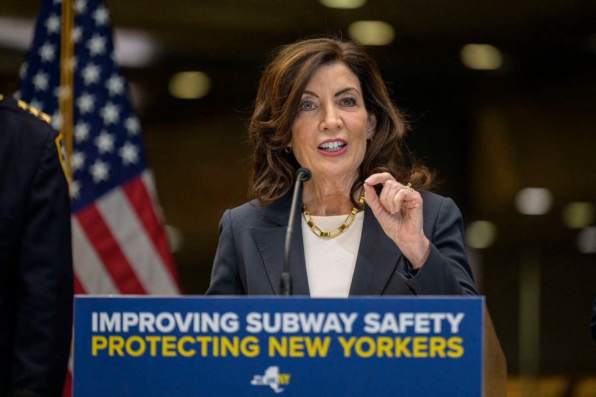 New York Governor Kathy Hochul makes an announcement about subway safety during a press conference at the Fulton Transit Center on January 27, 2023, in New York.  (Photo by ANGELA WEISS/AFP)
