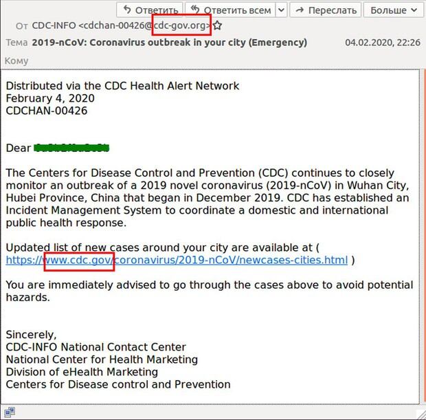 Los correos sobre el coronavirus parecen proceder de los Centros para el Control y Prevención de Enfermedades (Foto: Kaspersky)