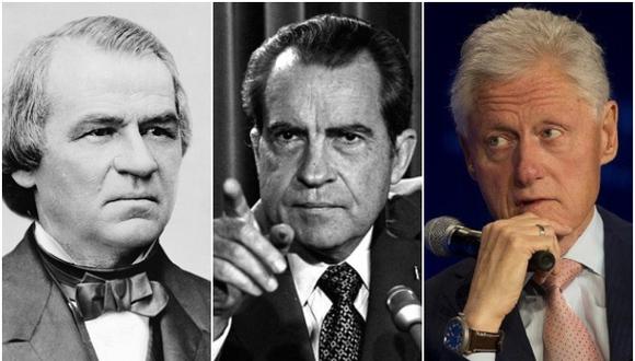 De izquierda a derecha: Bill Clinton, Richard Nixon y Andrew Johnson, tres presidentes sobre lo que se cernió la sombra del impeachment antes de Trump. (AP/Wikimedia Commons)