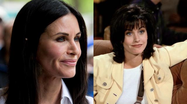 A la izquierdam Courteneye Cox en 2016. A la derecha, en la popular serie "Friends" como Monica Geller. Fotos: NBC/ AFP.