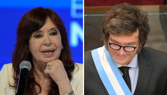 La expresidenta argentina Cristina Kirchner; y el presidente de Argentina, el libertario Javier Milei. (Fotos de JUAN MABROMATA / AFP)